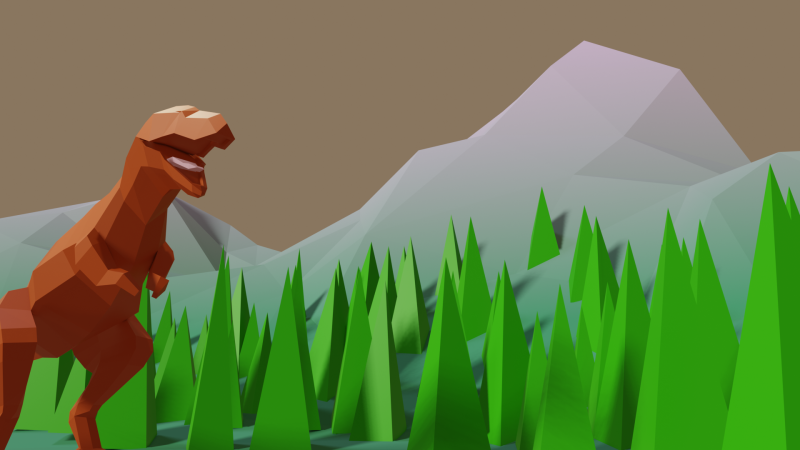 Low poly dinosaur with trees and a mountain.