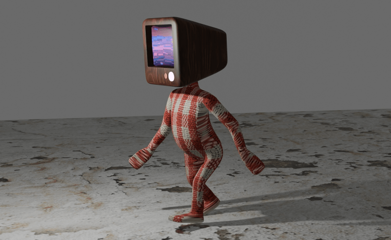 Humanoid figure in red gingham and a television for ahead.