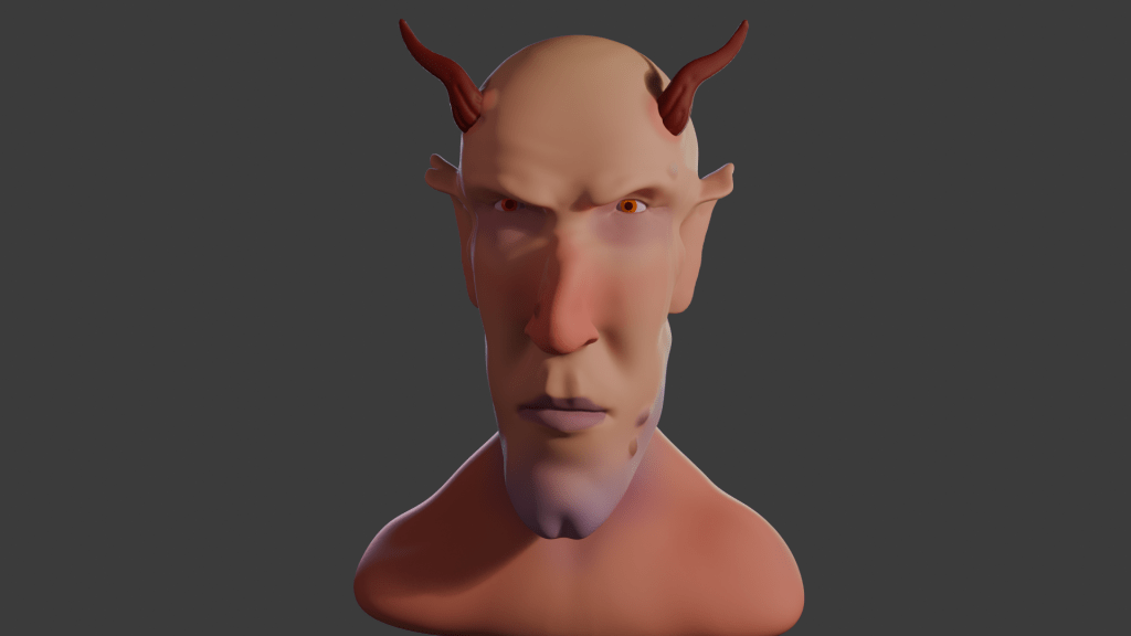 3D rendered image of a demon with orange eyes and horns.