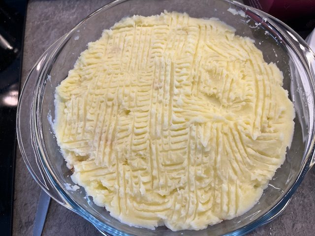 Cottage pie ready for the oven.