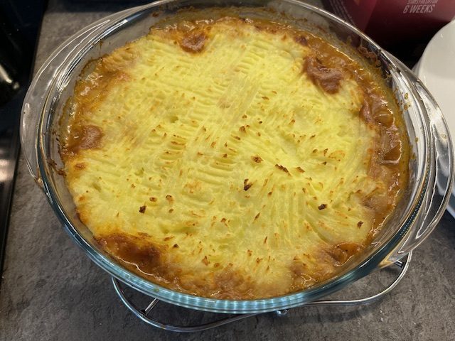 Baked cottage pie.