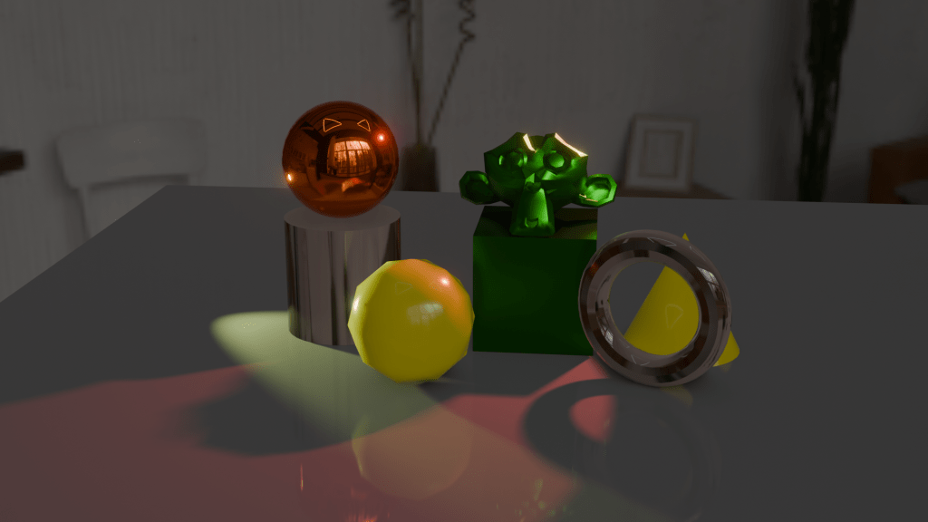 Some 3D objects rendered using the EEVEE render engine.