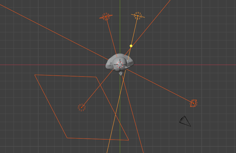 Overview of the lighting set-up for the final rendering of the demon head. A small, intense area light and a large, diffuse area light at the front and two small spot lights at the back.