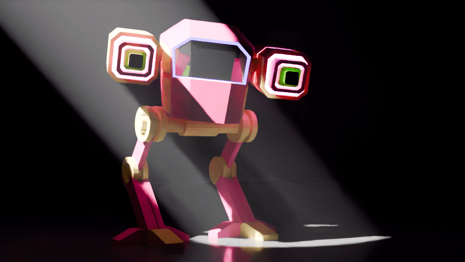 Stylised mechanical gun, a two-legged machine with pink and yellow colouration.