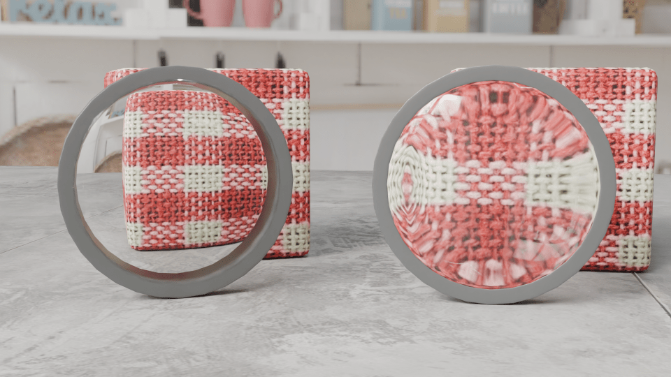 Two lenses in front of gingham cubes. The left side one is a reducing lens, the right hand one magnifies.