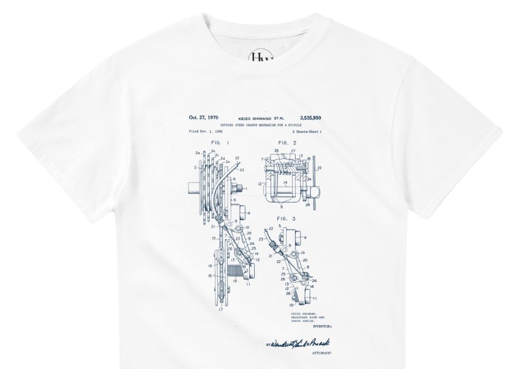 Blue patent design on a white t-shirt