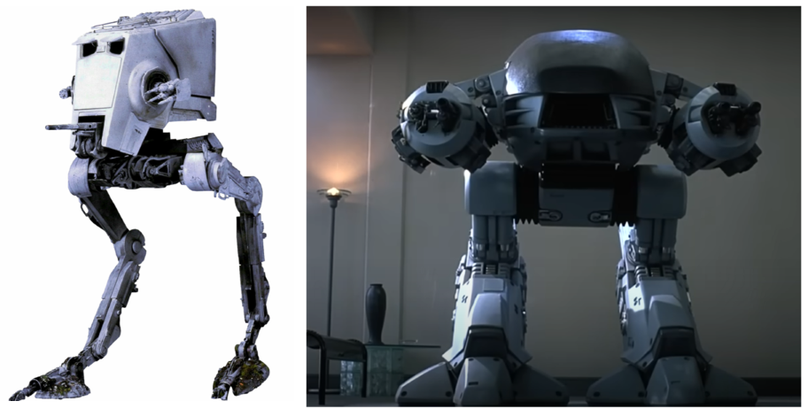 Two images. On the left, a white all-terrain walker from Star wars. One the right, ED 209 from Robocop.