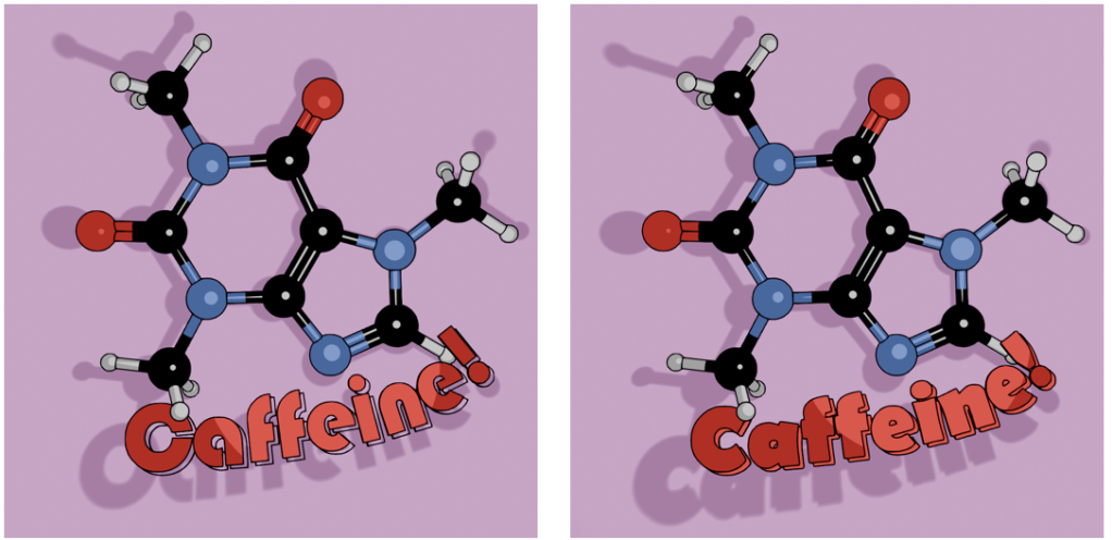 Caffeine molecule against a pink-purple background. The molecule has the caption in two fonts, Bauhaus and Berlin.