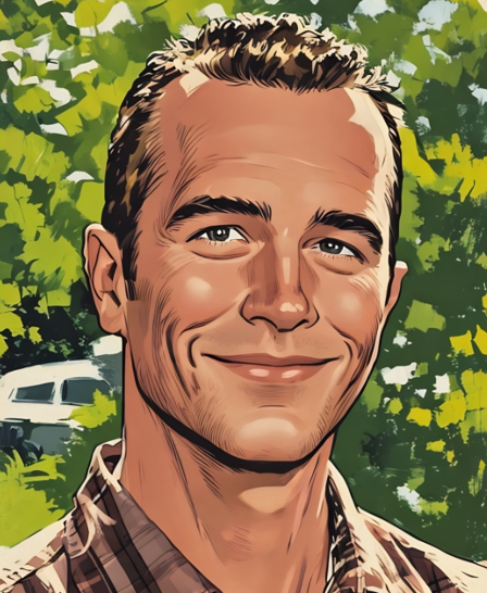 A cartoon of a man with short brown hair, brown eyes and a half smile. He's outside with trees behind him, looking smug about how good looking he is. 
