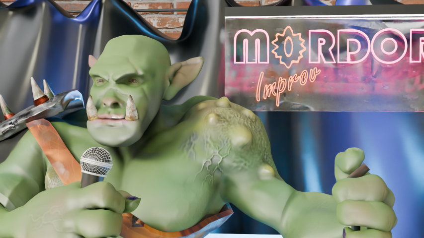Orc part way through a comedy routine. He's holding a mike, standing in front of a neon sign saying 'Mordor Improv'.