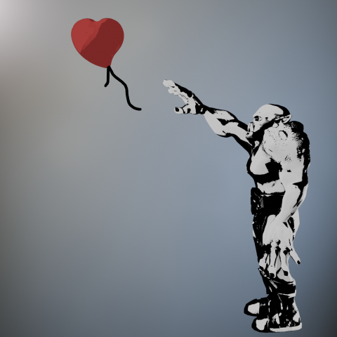 Stencil image of an orc letting go of a red heart-shaped balloon. Similar to Banksy's Girl with Balloon.