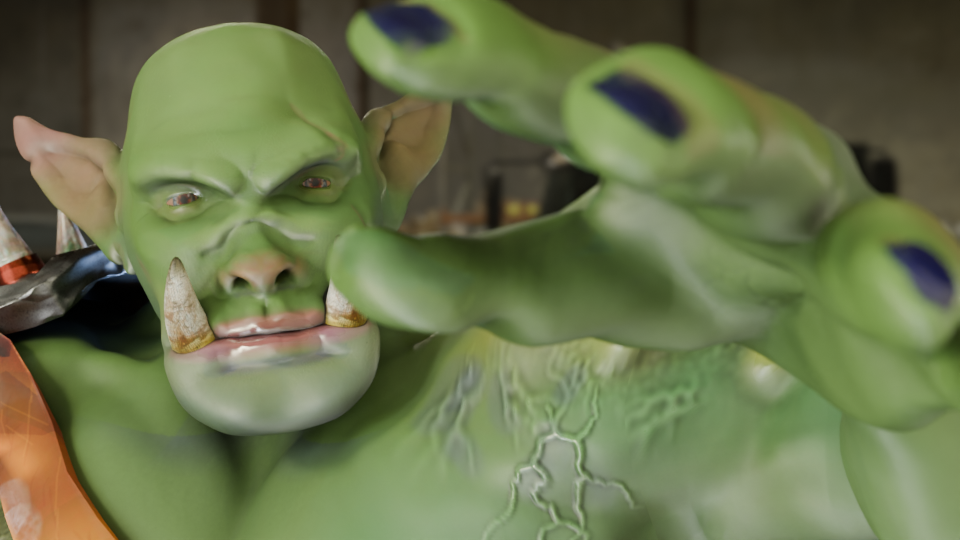 Green orc, staring at the camera, face partially obscured by a grabbing hand.