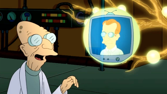 Cartoon image of Prof Farnsworth - a very old man - looking at a floating futuristic television with his namesake, Philo Farnsworth, show on the screen.