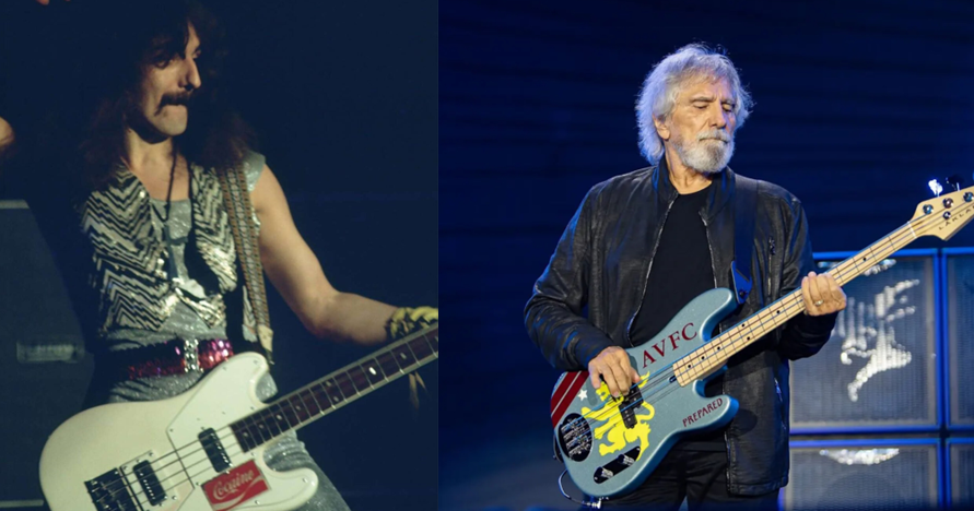 Terry "Geezer" Butler, bassist for Black Sabbath as a young man playing a white bass with an 'enjoy cocaine' sticker, and as an older man playing a bass with Aston Villa decoration.